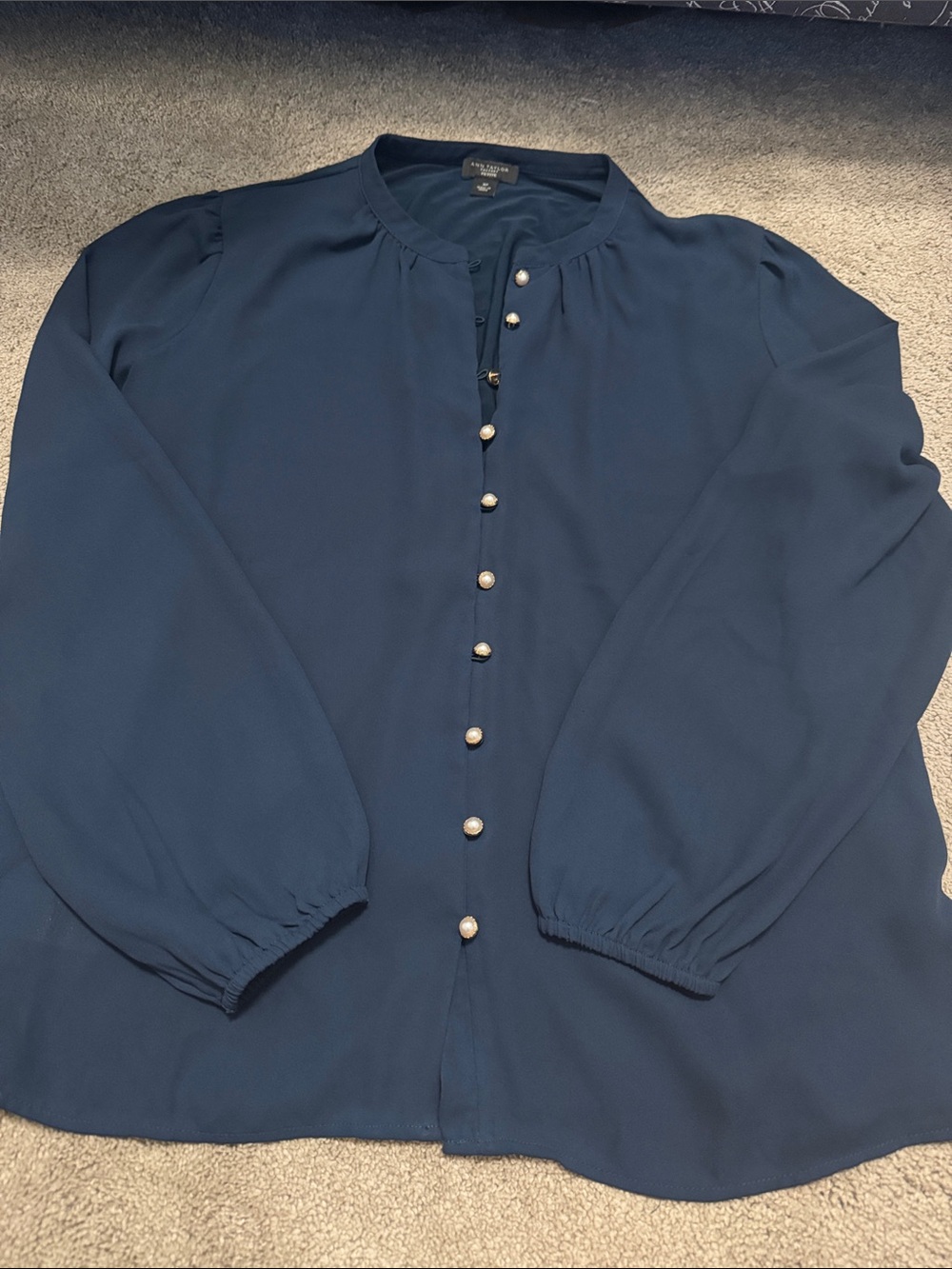 Ann Taylor Navy Pearl-Button Long-Sleeve Blouse